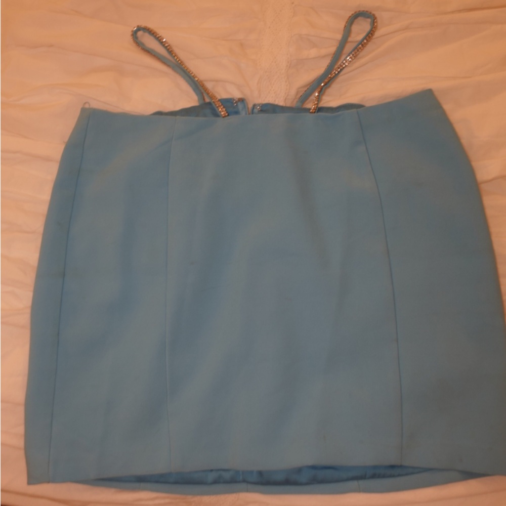 Baby Blue Oh Polly Mini Skirt with Rhinestone hipbone straps